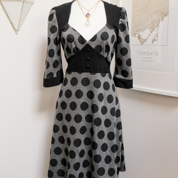 DAMZELS IN THIS DRESS Black & Grey Polka Dot Tie Waist Dress - Picture 1 of 8